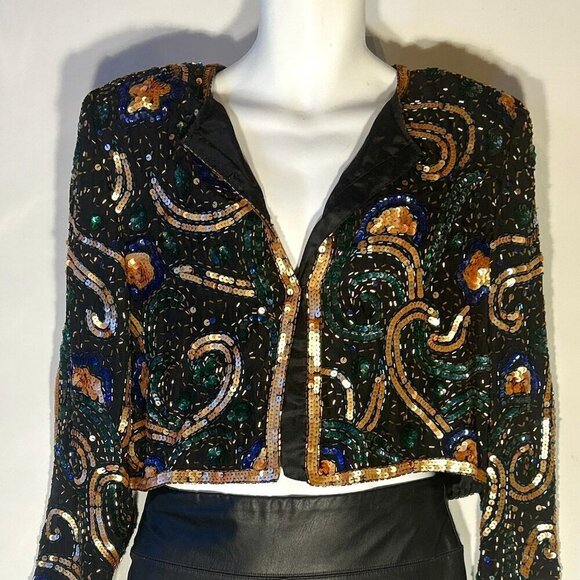 Night Vogue SZS Vintage Silk sequin cropped jacket Artsy Old Glamour Formal 80's - Picture 4 of 9